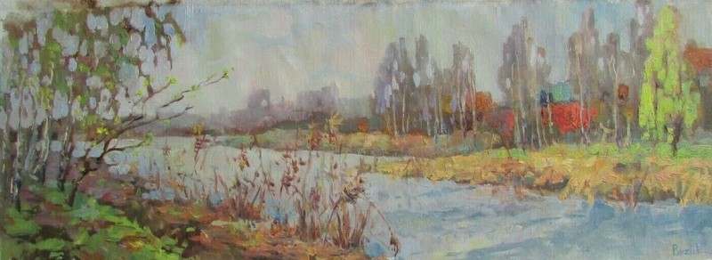 Original oil painting for interior village by river landscape art work plaineair