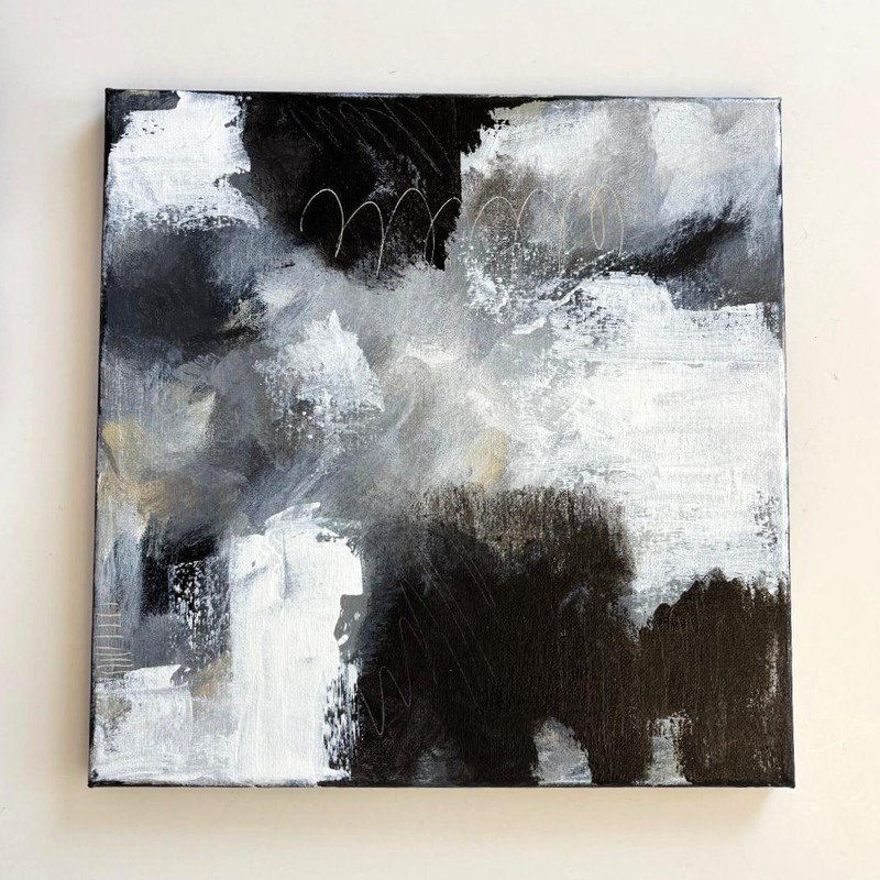 Original abstract acrylic painting, 12″ x 12″, black and white contemporary OOAK