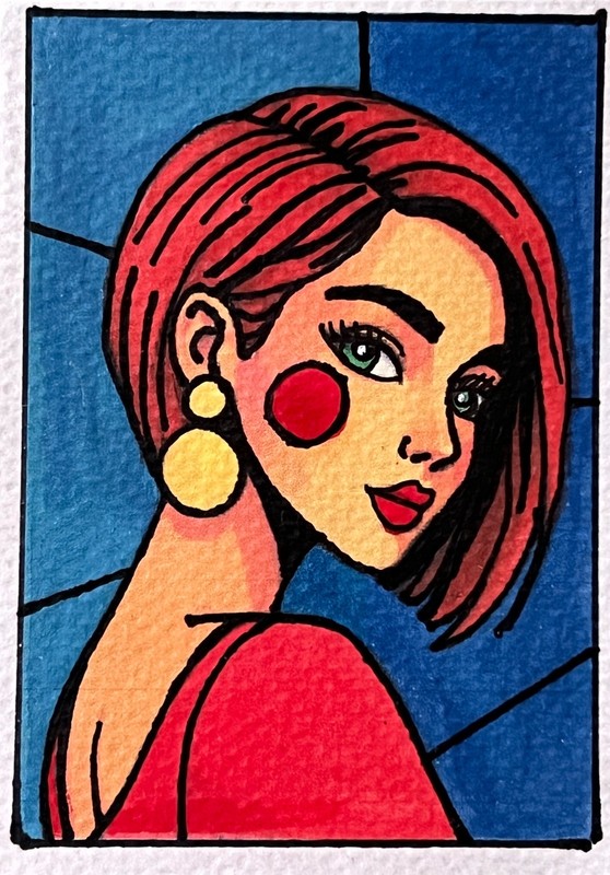 ACEO Original Art, Tiny Art – Watercolor – Girl – Red Head Rosey 2