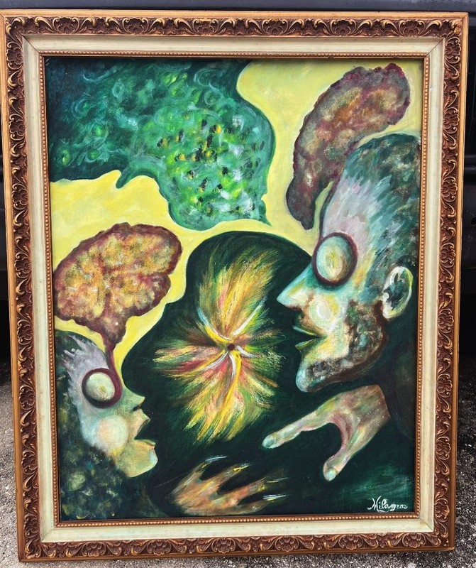 Vintage Surrealist Expressionist Portrait Art Oil Painting Florida by Milagros