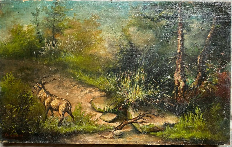 ::RED DEER ROMANTIC CIRCA 1870 DEDMAIER ? SIGNED °FOREST CLEARING HUNTING TROPHY