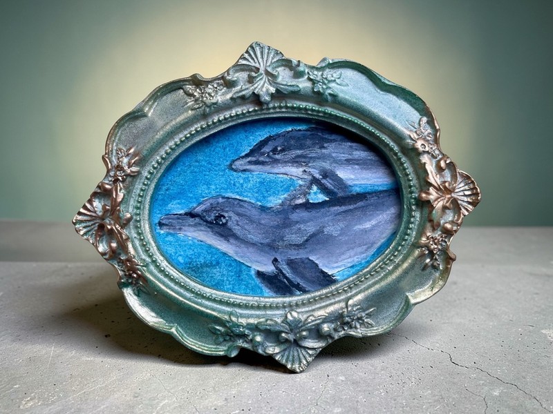 ORIGINAL Dolphin 🐬 mini watercolor painting • vintage ornate frame
