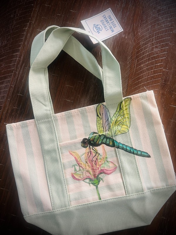 Hand Painted Trader Joe’s Mini Striped Tote Bag «DRAGONFLY» Canvas (Green)