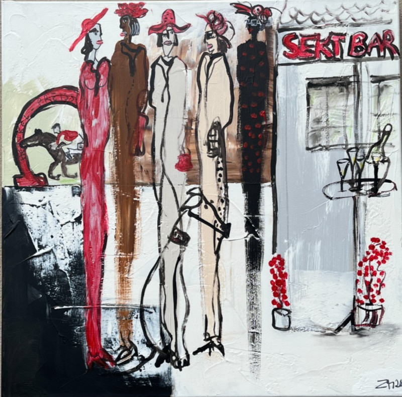 Elegant women racetrack fashion Düsseldorf orig sig.ZM 70x70x4 acrylic picture LW