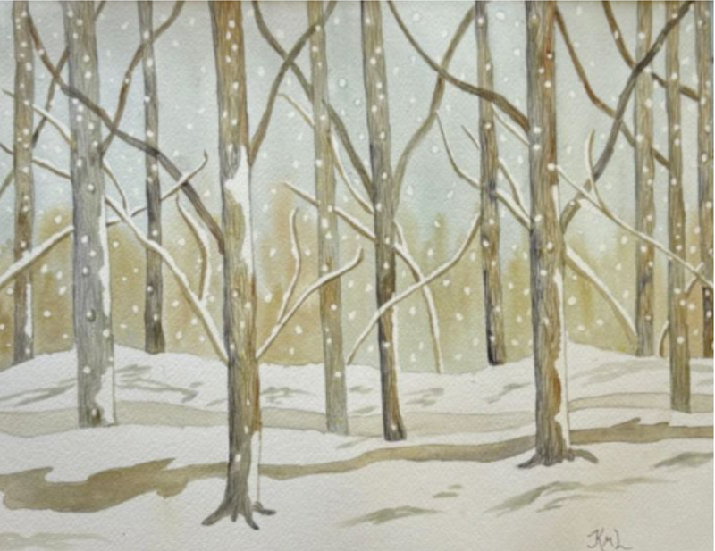 PAINTING WATERCOLOR 11X14 AND DOUBLE MAT 16X20 FOREST TREES SNOW ORIGINAL ART
