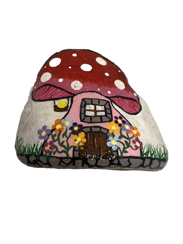 HAND PAINTED ROCK mushroom house fairy garden whimsical fantasy nature woodland