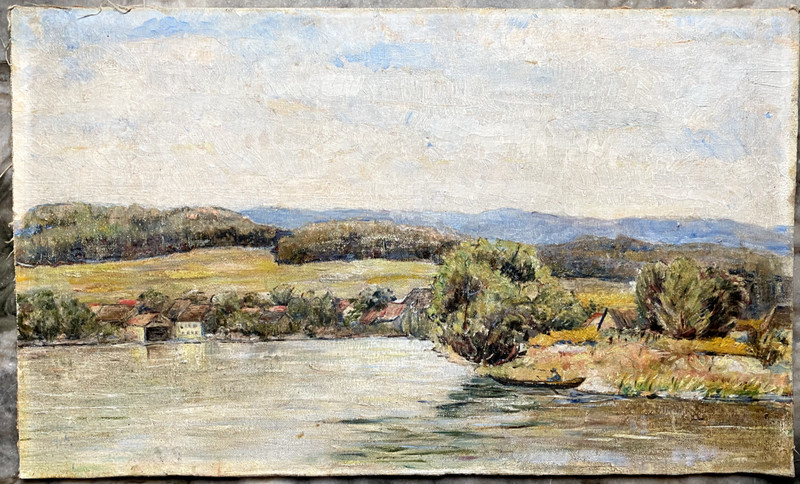 Oil Painting Houses on The Shore Signed FRATTINI °Mountains River Antique Lake