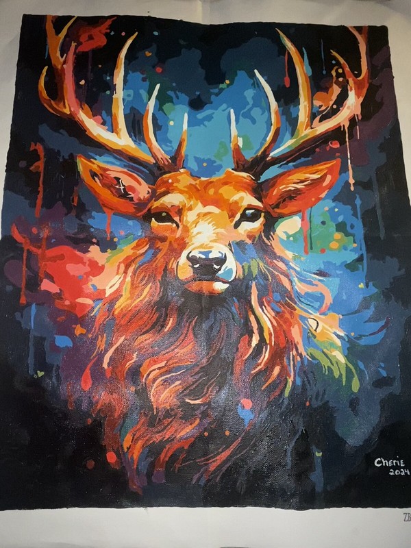 16×20 «Spectrum Buck» Deer Hand Painted Canvas Acrylic Artwork Helps Dog Rescue