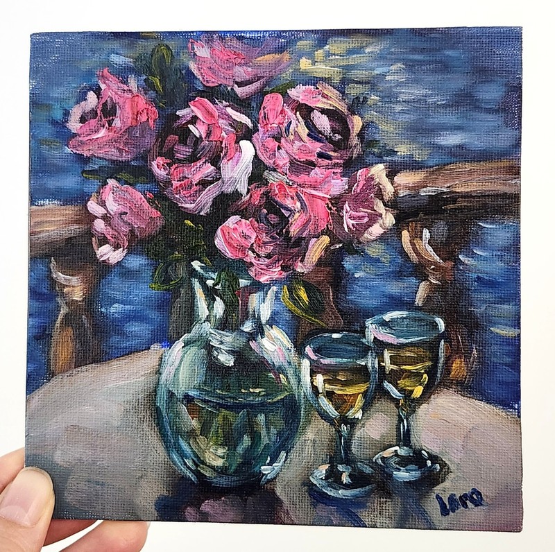 Pink Roses by the Sea Original Oil Painting 6×6, Impressionist Floral OOAK