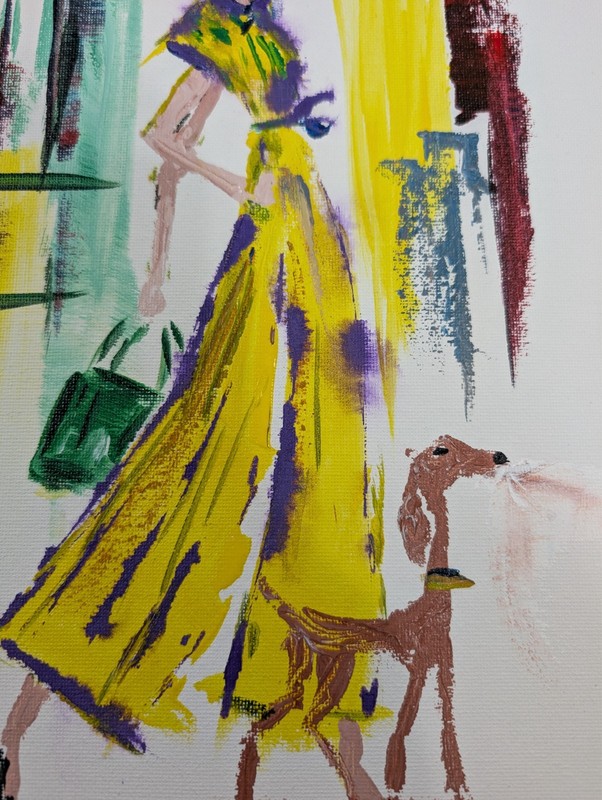 Fashion 9x12 Woman Dog Painting Expressionist Pop Art Yellow Canvas City SWhite gallery