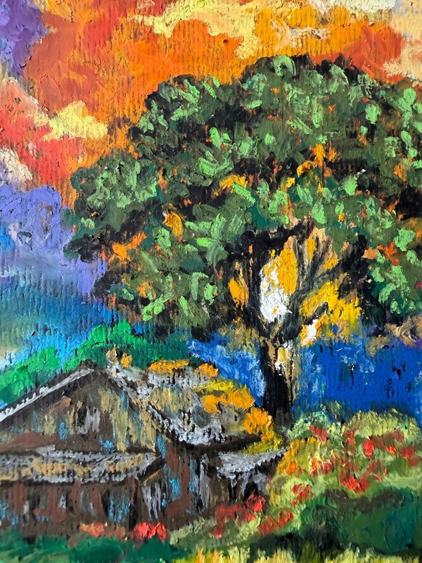 Abstract Landscape Original Art House in the Field Wall Art Oil Pastels Sunset gallery