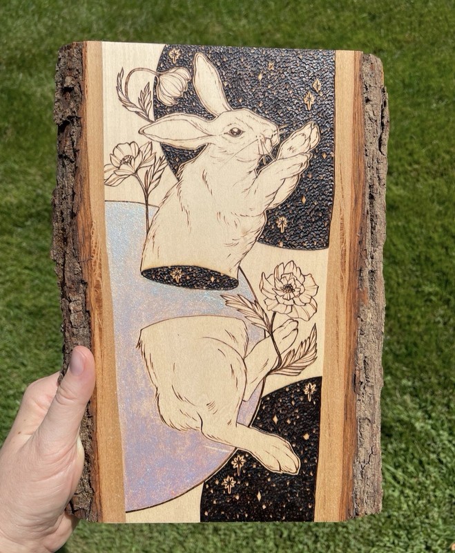 Wood Burned Rabbit With Starry Night Sky calicoCallieInk Sparkly Glitter Accents