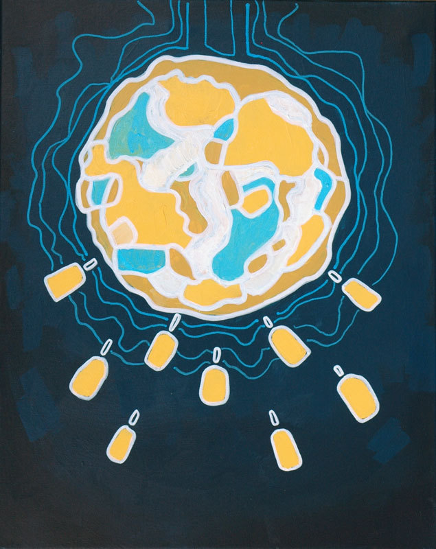 Abstract Painting, The Holding Sphere Blue Yellow Acrylic on Canvas