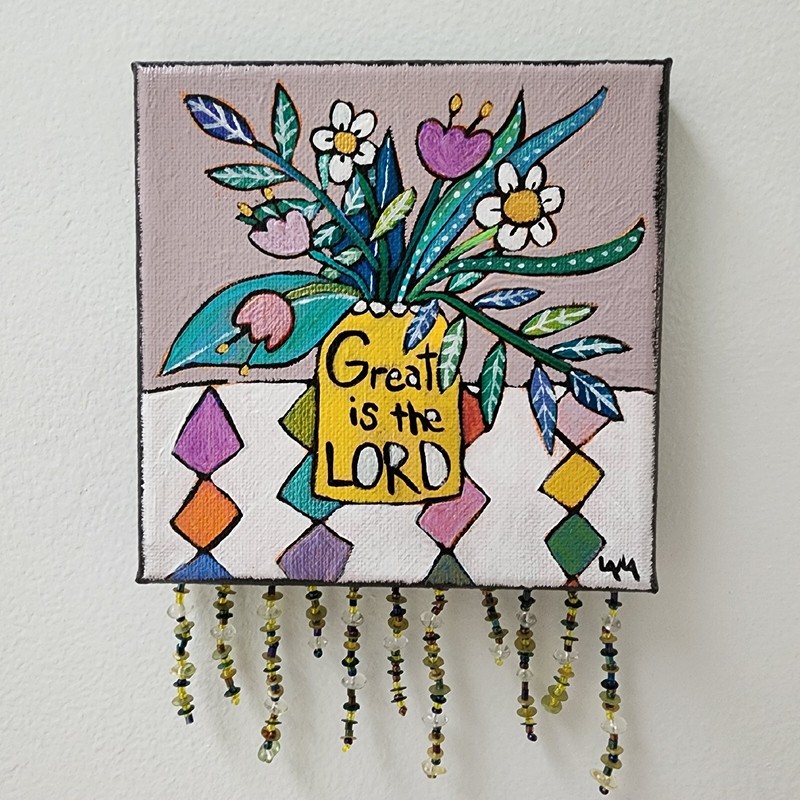 Folk Art ORIGINAL Bible Scripture Great LORD Psalm Flower Vase Pot Floral Beads gallery