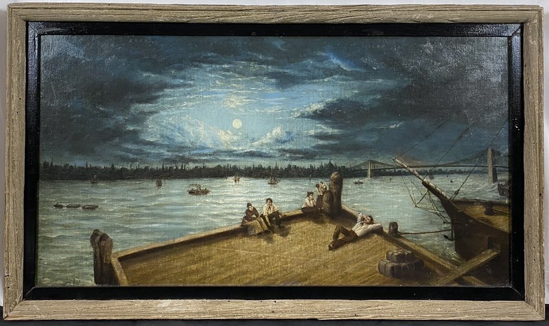 Antique 19th C. Folk Art NYC Skyline at Moonlight BROOKLYN BRIDGE East River O/C