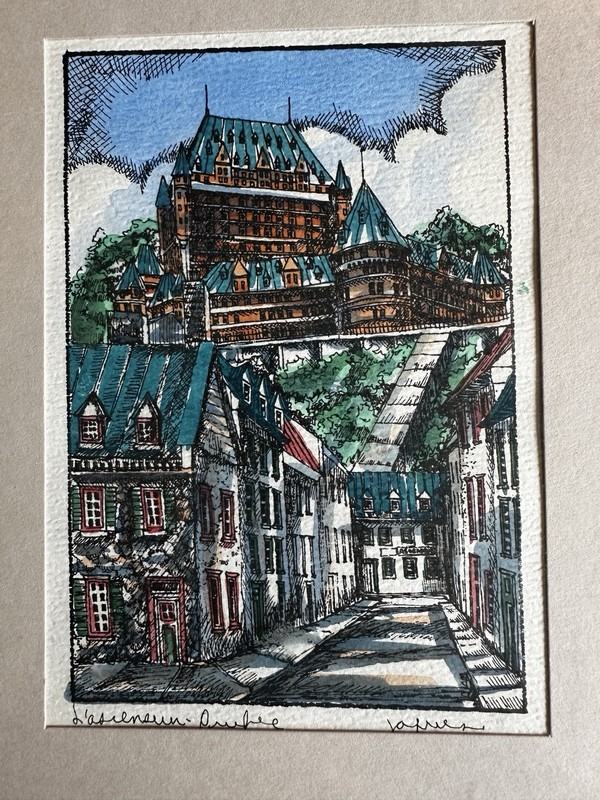 VTG Watercolor Ink Lithograph L’ascenseur Quebec Signed Jacques 8x10 Framed gallery