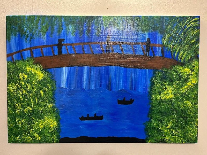 (acrylic painting) On the bridge as the waterfalls in the spring time