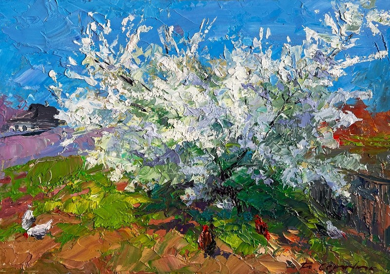Oil Painting Flowering Tree And Chickens B. Serdyuk Unframed Original nAAA3806