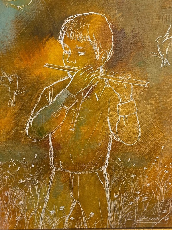 William Benecke Boy Musical Instrument Oil Painting on Canvas Signed RARE gallery