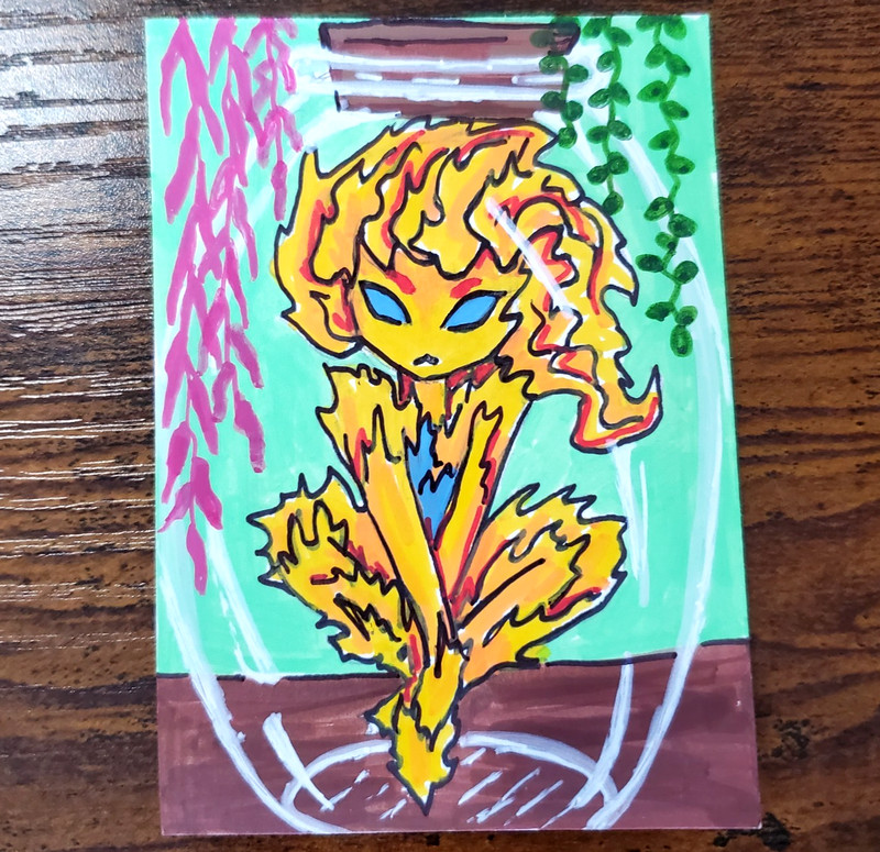 ACEO Original Art Card Fire Elemental Witch Bottle OOAK Painting Flame Spirit
