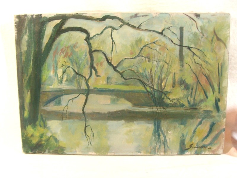 Antique 1955 Donald Greason Greenfield, MA Bridge O/C Landscape Painting
