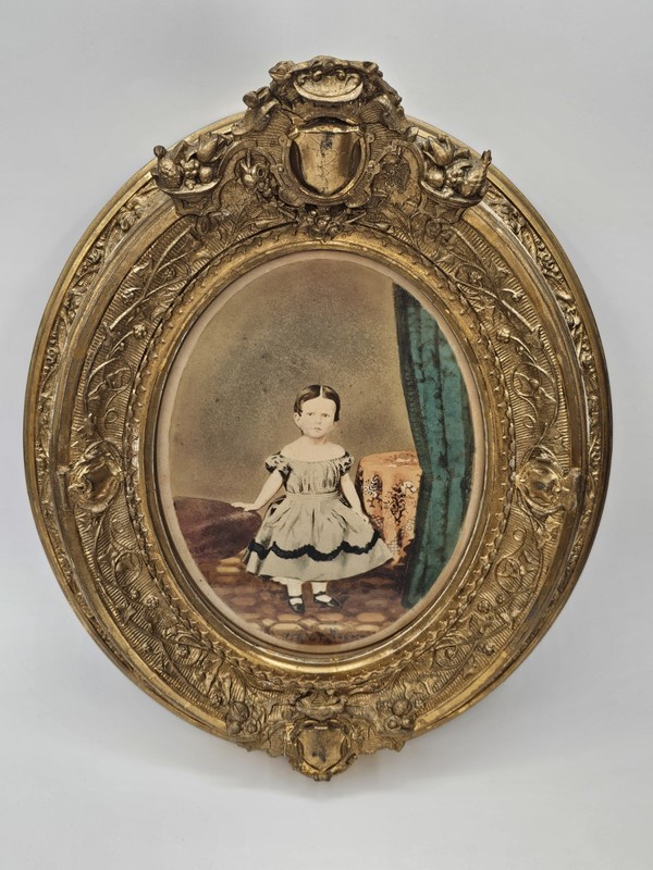 Antique Mid 19th Century Hand Colored Photo In Ornate Gold Gilt Deepwell Frame