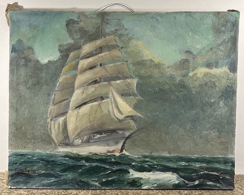 Old Oil On Canvas Signed: Sailing Boat Gliding At Sea 50 x 64 cm Marine gallery