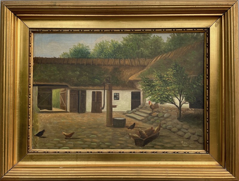 Impressionist Abel Farm Thatch Cottage Chickens Rooster Water Pump Apple Tree