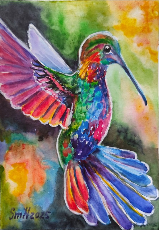 Original Art Humminbird Modern Unique Watercolor Bird Portrait Bright Painting