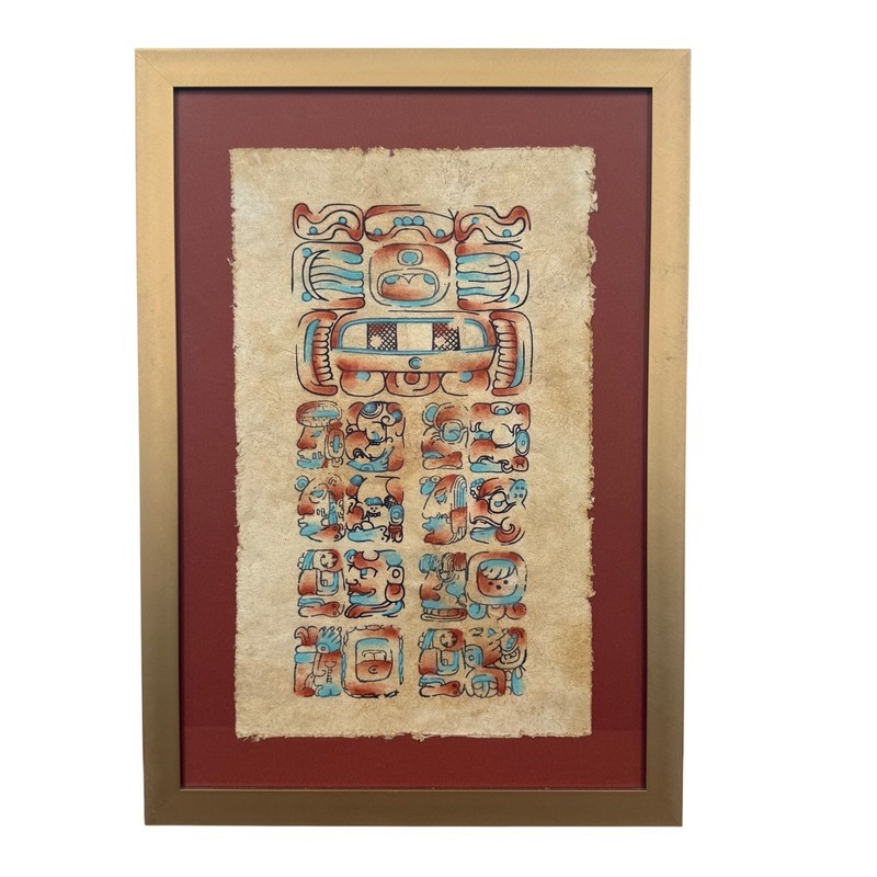 Vtg Mayan Amate Bark Paper Painting Framed Mexican Folk Art Glyphs Gold Frame