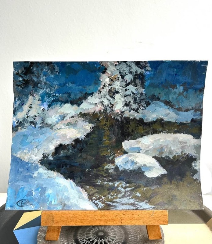 Handmade Acrylic Landscape Painting, Winter Scene, Snowy Forest & River, Signed gallery