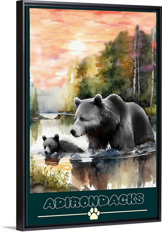 Adirondacks New York Black Bears Travel Poster Prints Framed Or Canvas Wildlife