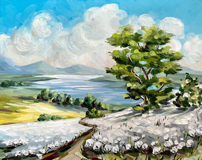 Cotton Field Oil Painting West Texas Original Art Farm Field Landscape 8×10 in