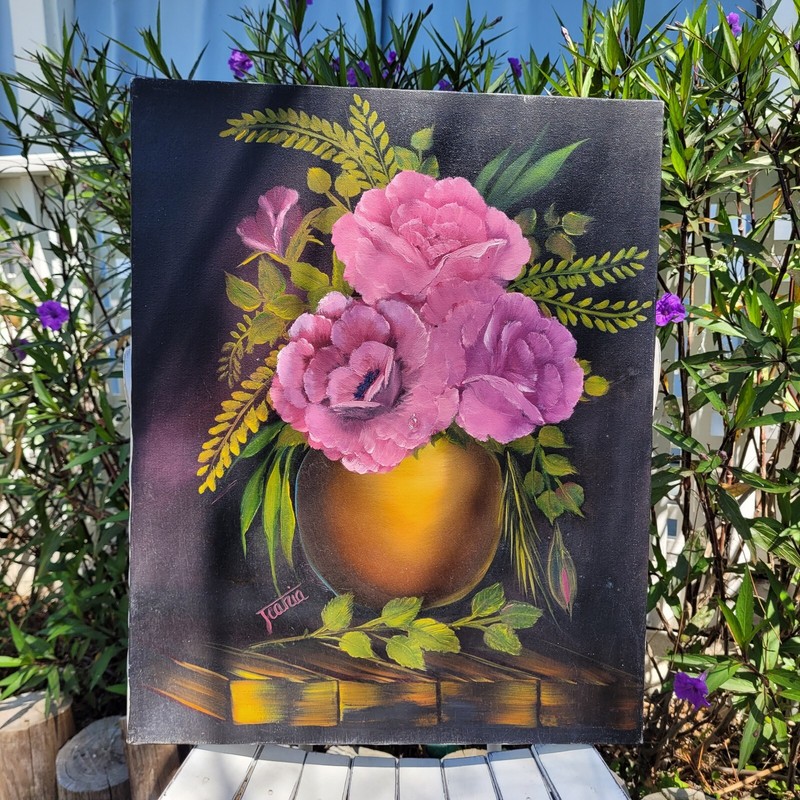 Oil Painting Still Life Pink Roses and Fern In Brass Planter