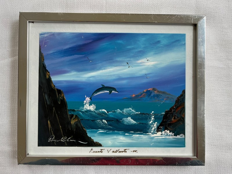Original oil/acrylic painting on tile Dolphin Seascape Mexico Signed Framed 1994