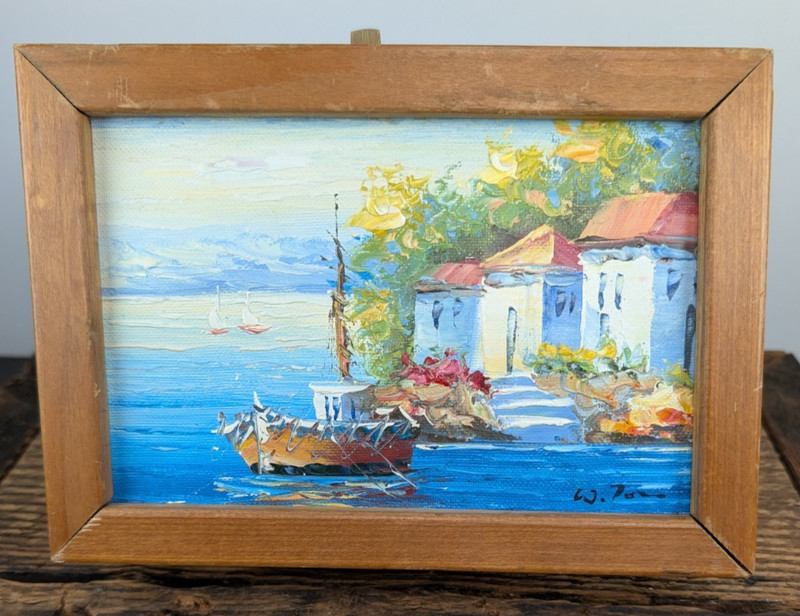 Impressionist Acrylic on Canvas Mediteranean Scene Boat in Harbor Painting