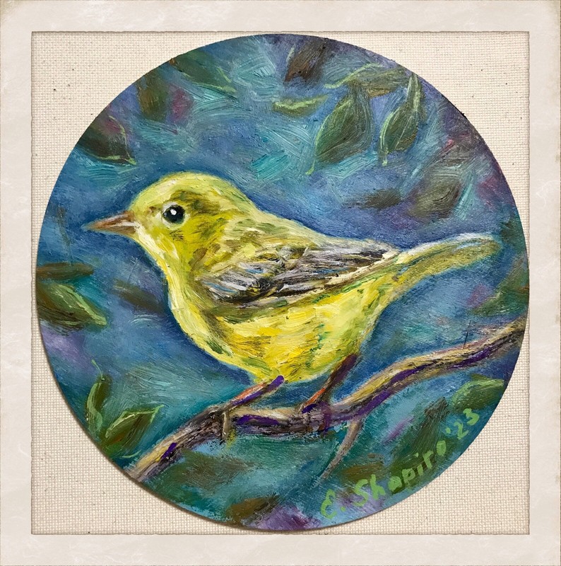 Yellow Bird Oil Painting Original Maine Nature Wall Art. 6” D Round Wall Decor