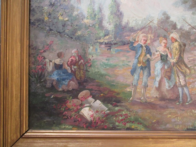 ANTIQUE OIL PAINTING IMPRESSIONIST FIGURAL LANDSCAPE SIGNED KOOPS SOCIAL SCENE gallery