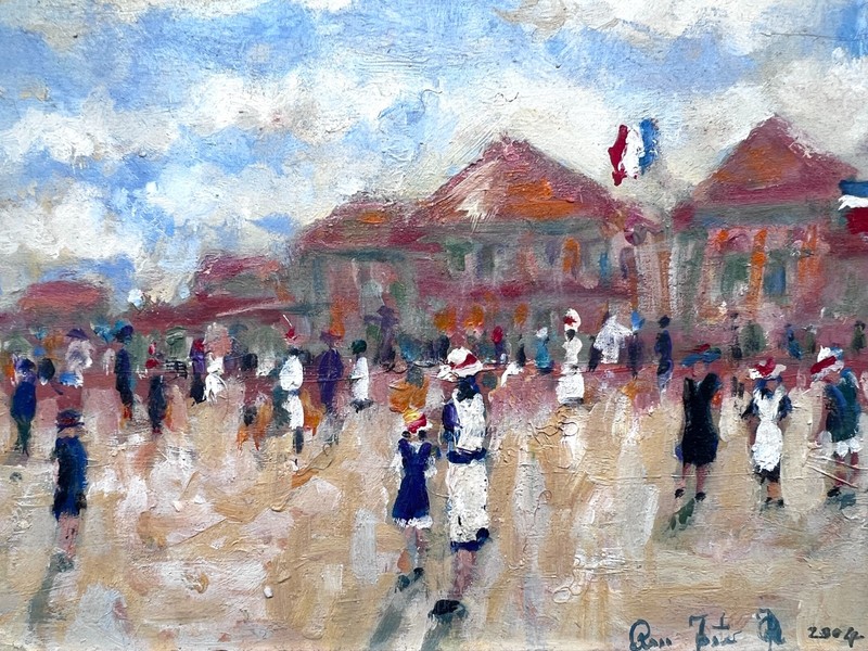 Ross Foster Oil Painting – French Beach Scene w/ Flag – Framed 15” x 10.5”