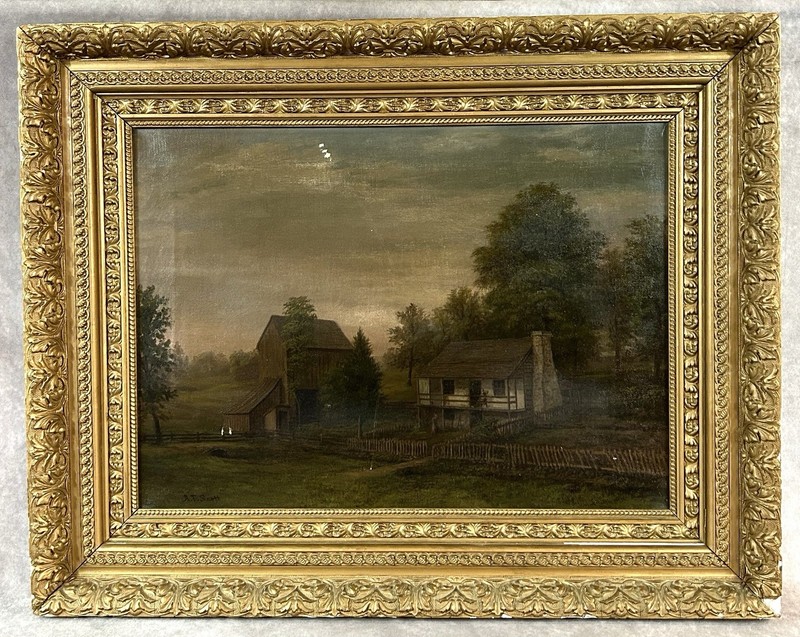 Antique A.T. Scott Oil Painting Landscape Cottage Signed Ornate Gilt Frame 1880s