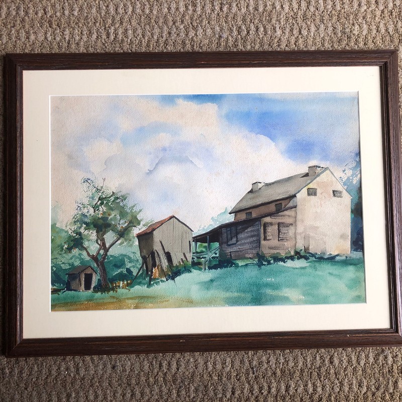 Old farmstead framed watercolor by unknown artist