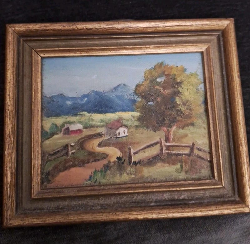 4 1/2 X5 1/2 Minature Oil Painting Farm Land Unsigned