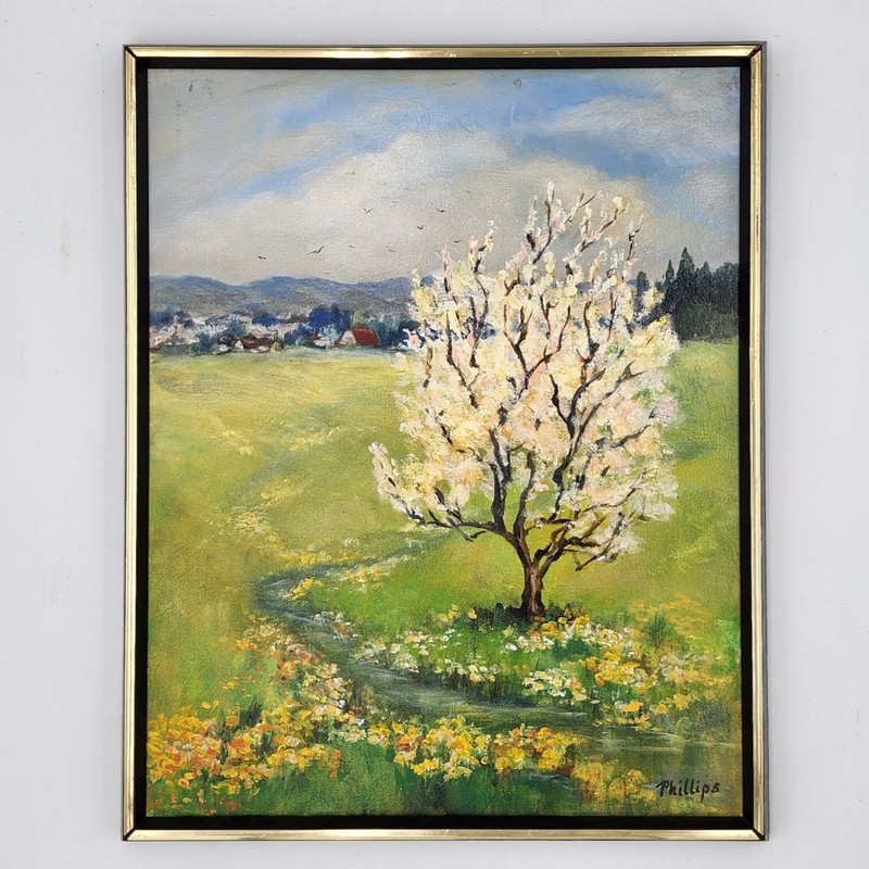 Phillips Original Oil Painting Spring Landscape Flowering Tree Village Framed