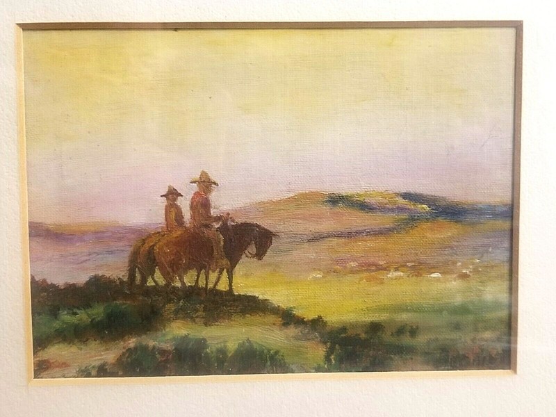 FINE WESTERN IMPRESSIONIST O/B PAINTING 2 COWBOYS ON HILL WATCHING HERD O CATTLE