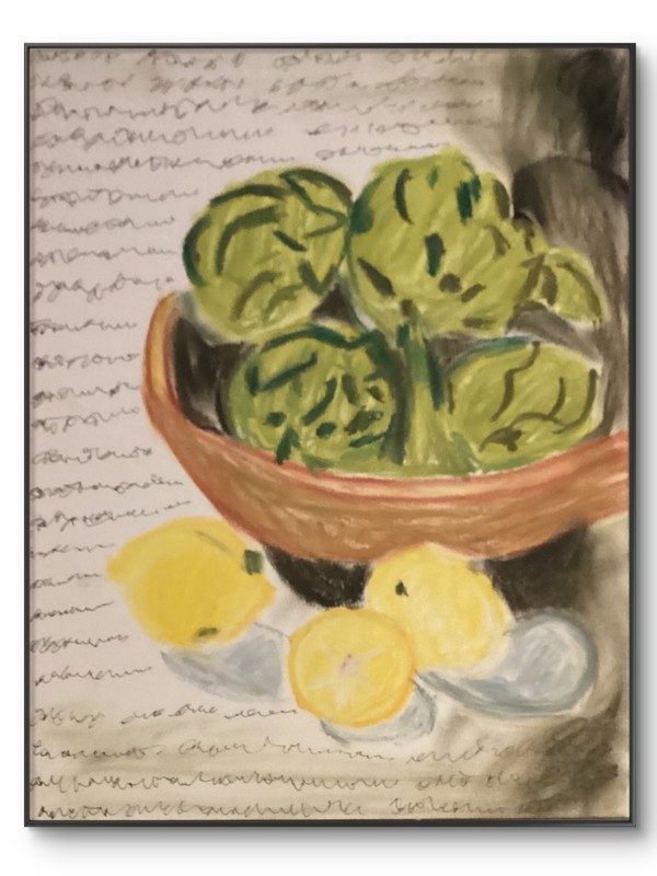 Bright Lemons Artichoke Food Art Original 11x14 Oil Pastel Abstract Drawing