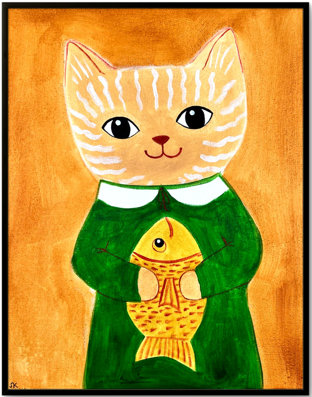 Orange Cat with Fish Portrait Painting, Whimsical Cat Art 11×14