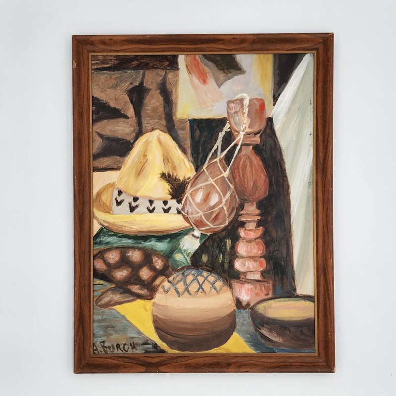 Vintage MCM Oil Painting A Burch Southwest Folk Art Still Life Sombrero 18×24