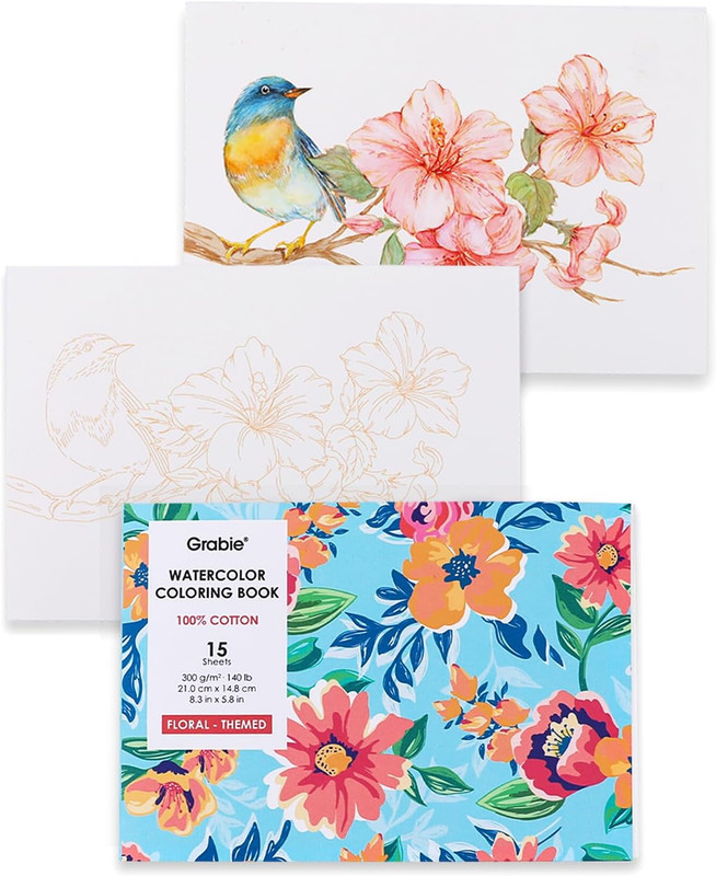 Floral Watercolor Coloring Book, 100% Cotton Watercolor Paper Pad, 15 Sheets 300