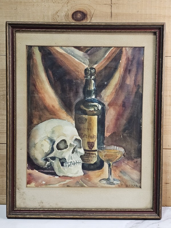 A. Foreman Artist Vintage Rare Watercolor Painting Still Skull Whiskey Fragility