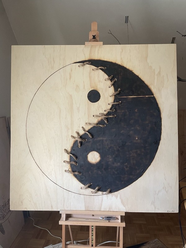 “Inner Union” An Eye Catching, Thought Provoking Wood Burning Piece 4’.0”x4’.0” gallery